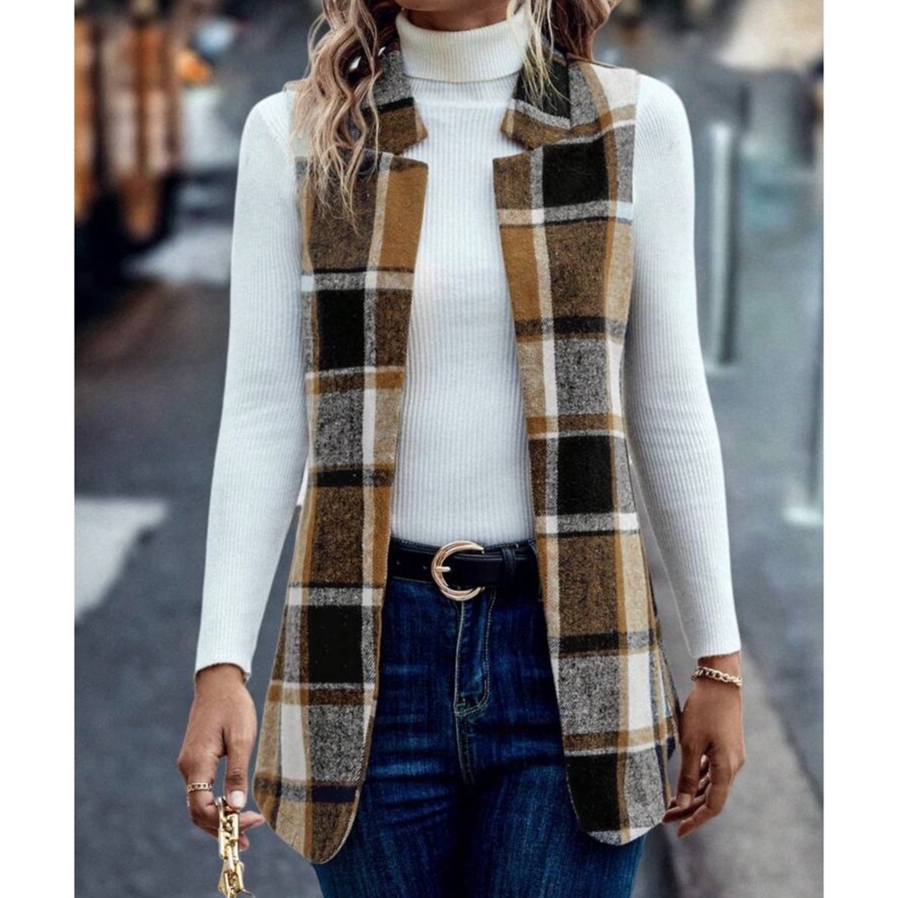 Plaid Open-Front Sleeveless Vest - Camel/Olive